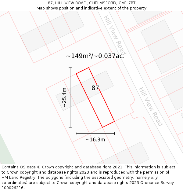 87, HILL VIEW ROAD, CHELMSFORD, CM1 7RT: Plot and title map