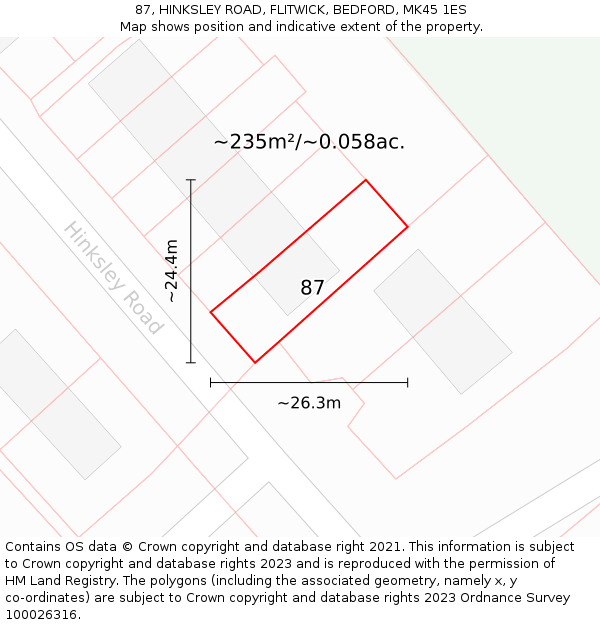 87, HINKSLEY ROAD, FLITWICK, BEDFORD, MK45 1ES: Plot and title map