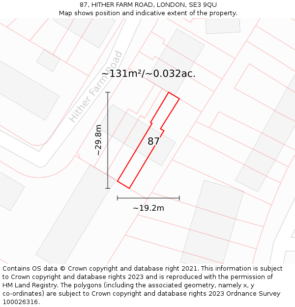 87, HITHER FARM ROAD, LONDON, SE3 9QU: Plot and title map