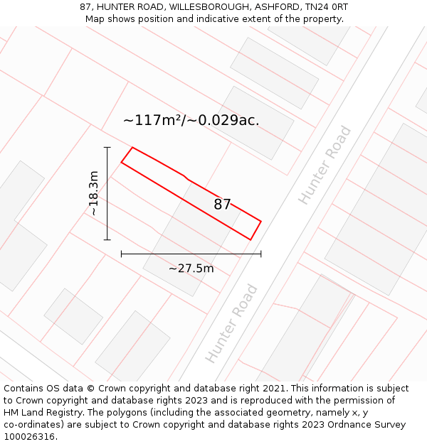 87, HUNTER ROAD, WILLESBOROUGH, ASHFORD, TN24 0RT: Plot and title map