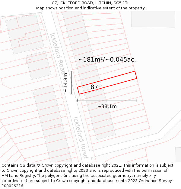 87, ICKLEFORD ROAD, HITCHIN, SG5 1TL: Plot and title map
