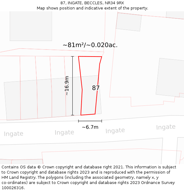 87, INGATE, BECCLES, NR34 9RX: Plot and title map