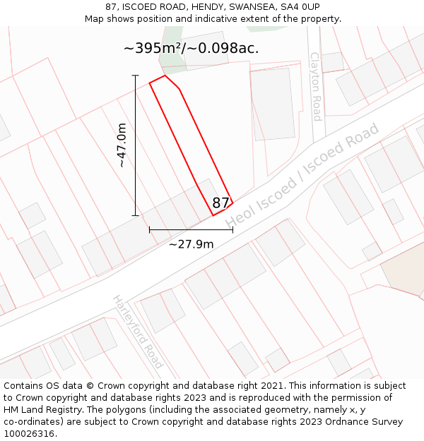87, ISCOED ROAD, HENDY, SWANSEA, SA4 0UP: Plot and title map