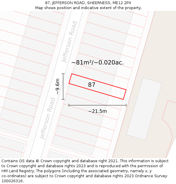 87, JEFFERSON ROAD, SHEERNESS, ME12 2PX: Plot and title map