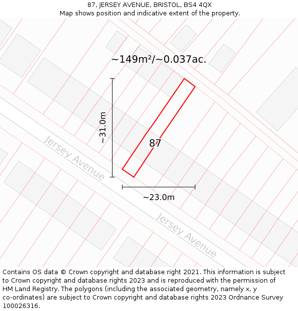 87, JERSEY AVENUE, BRISTOL, BS4 4QX: Plot and title map