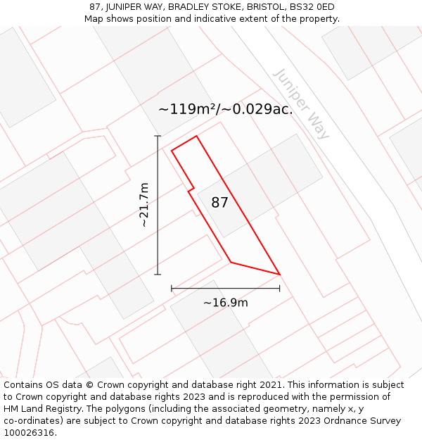 87, JUNIPER WAY, BRADLEY STOKE, BRISTOL, BS32 0ED: Plot and title map