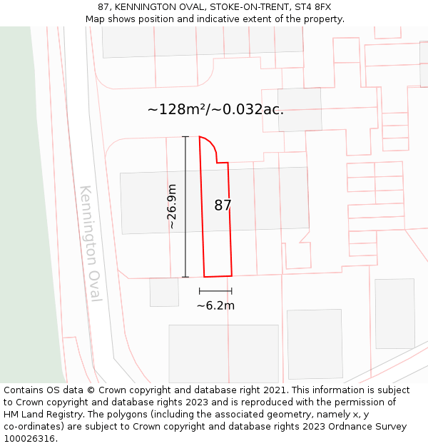 87, KENNINGTON OVAL, STOKE-ON-TRENT, ST4 8FX: Plot and title map