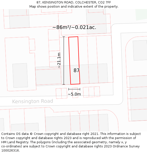 87, KENSINGTON ROAD, COLCHESTER, CO2 7FF: Plot and title map