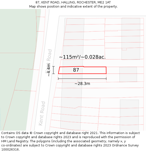 87, KENT ROAD, HALLING, ROCHESTER, ME2 1AT: Plot and title map
