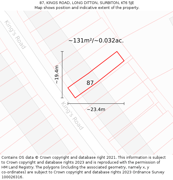 87, KINGS ROAD, LONG DITTON, SURBITON, KT6 5JE: Plot and title map
