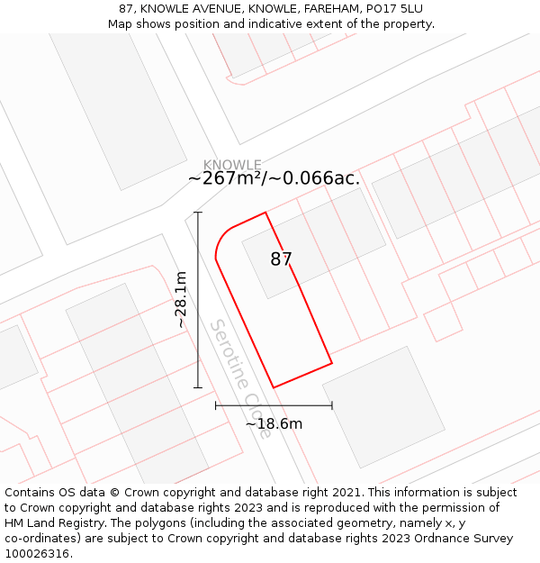 87, KNOWLE AVENUE, KNOWLE, FAREHAM, PO17 5LU: Plot and title map