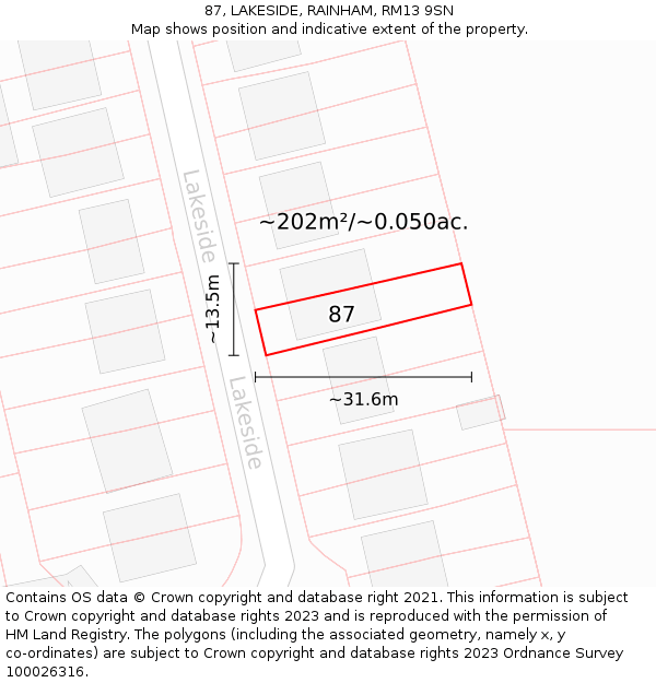 87, LAKESIDE, RAINHAM, RM13 9SN: Plot and title map
