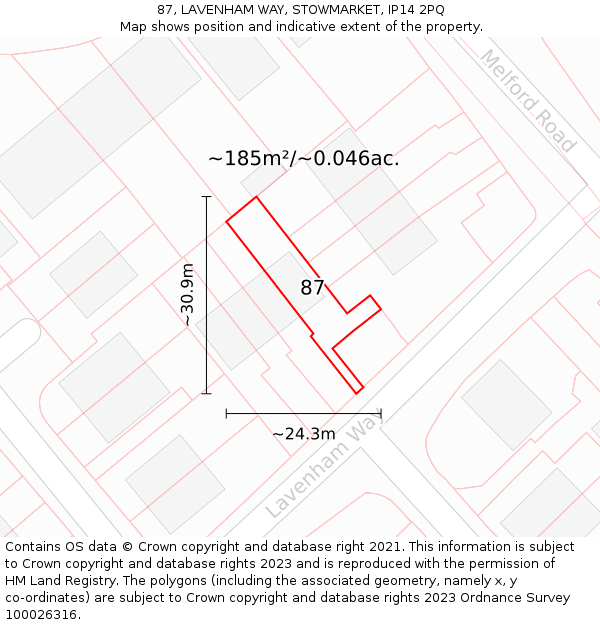 87, LAVENHAM WAY, STOWMARKET, IP14 2PQ: Plot and title map
