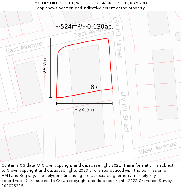 87, LILY HILL STREET, WHITEFIELD, MANCHESTER, M45 7RB: Plot and title map