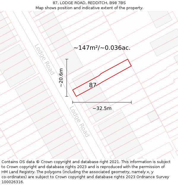 87, LODGE ROAD, REDDITCH, B98 7BS: Plot and title map