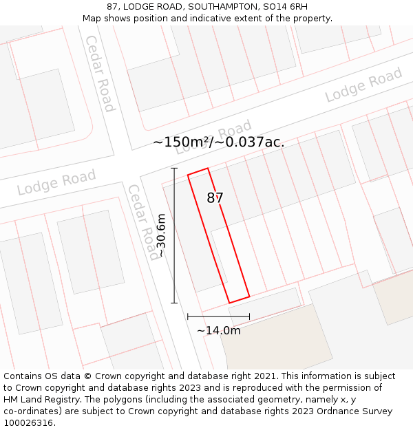87, LODGE ROAD, SOUTHAMPTON, SO14 6RH: Plot and title map