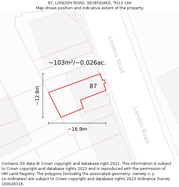 87, LONDON ROAD, SEVENOAKS, TN13 1AX: Plot and title map