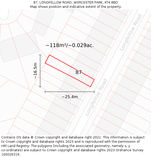 87, LONGFELLOW ROAD, WORCESTER PARK, KT4 8BD: Plot and title map
