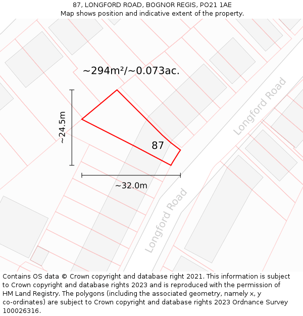 87, LONGFORD ROAD, BOGNOR REGIS, PO21 1AE: Plot and title map