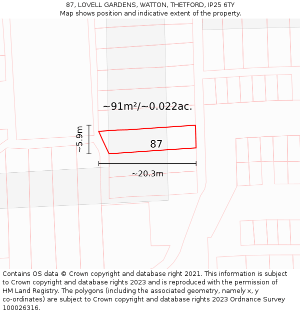 87, LOVELL GARDENS, WATTON, THETFORD, IP25 6TY: Plot and title map