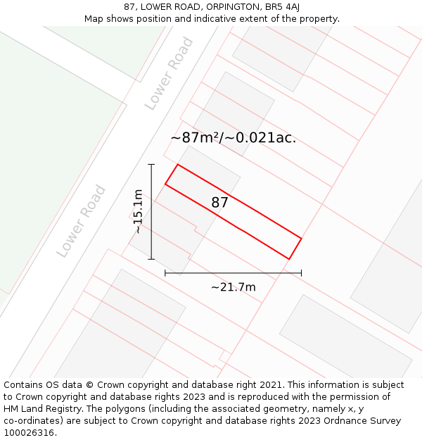 87, LOWER ROAD, ORPINGTON, BR5 4AJ: Plot and title map