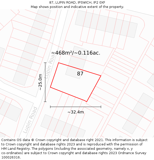 87, LUPIN ROAD, IPSWICH, IP2 0XF: Plot and title map