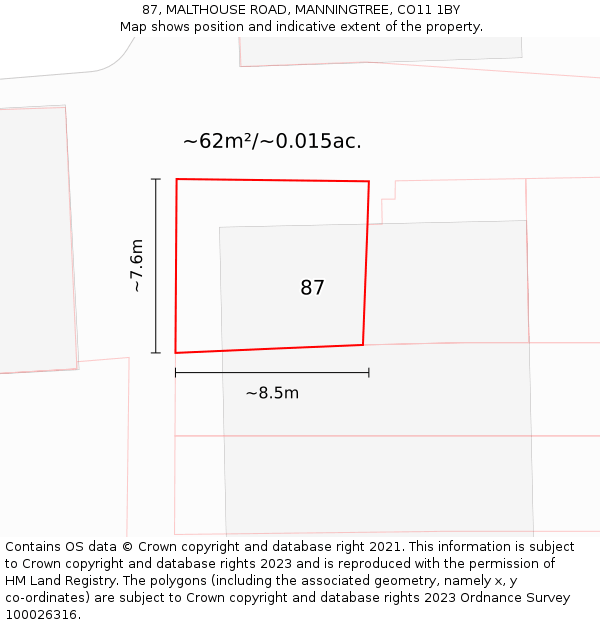 87, MALTHOUSE ROAD, MANNINGTREE, CO11 1BY: Plot and title map