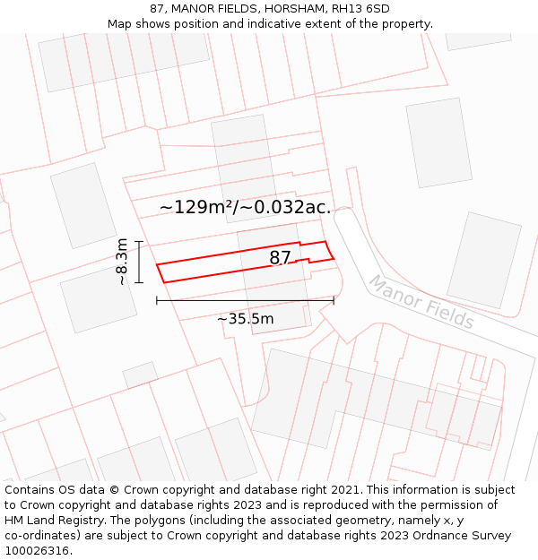 87, MANOR FIELDS, HORSHAM, RH13 6SD: Plot and title map