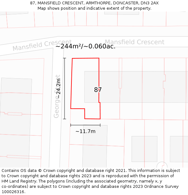 87, MANSFIELD CRESCENT, ARMTHORPE, DONCASTER, DN3 2AX: Plot and title map