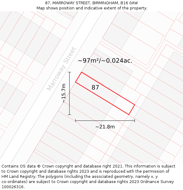 87, MARROWAY STREET, BIRMINGHAM, B16 0AW: Plot and title map