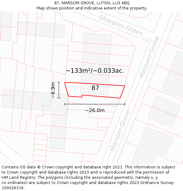 87, MARSOM GROVE, LUTON, LU3 4BQ: Plot and title map