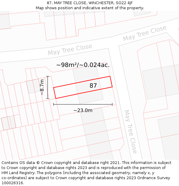 87, MAY TREE CLOSE, WINCHESTER, SO22 4JF: Plot and title map