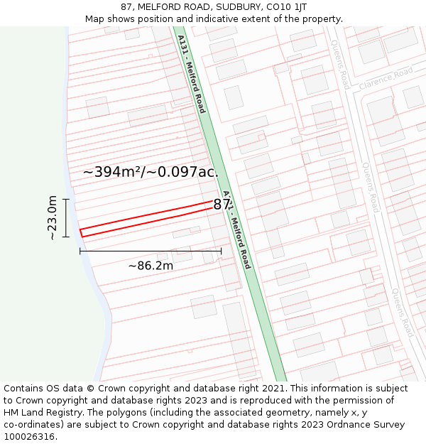 87, MELFORD ROAD, SUDBURY, CO10 1JT: Plot and title map