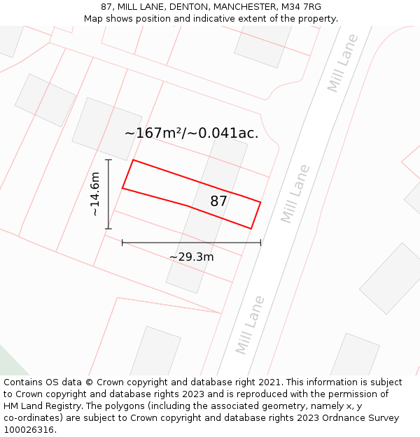 87, MILL LANE, DENTON, MANCHESTER, M34 7RG: Plot and title map