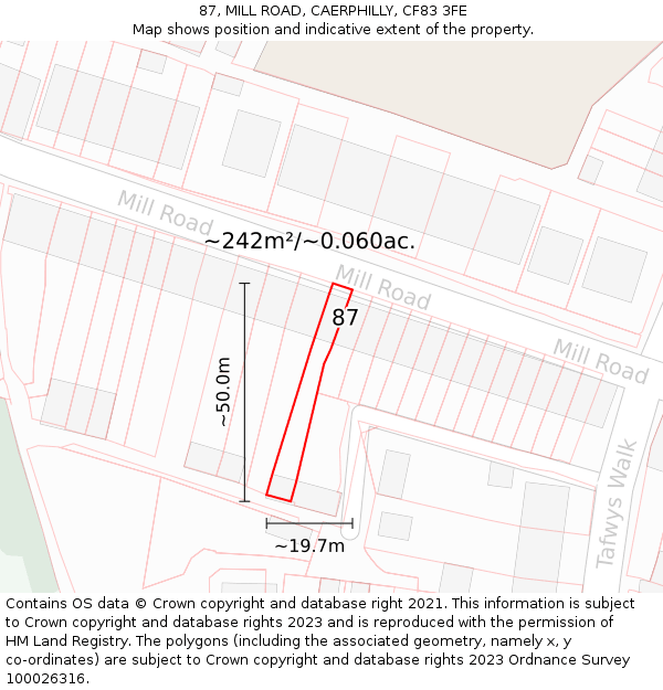 87, MILL ROAD, CAERPHILLY, CF83 3FE: Plot and title map
