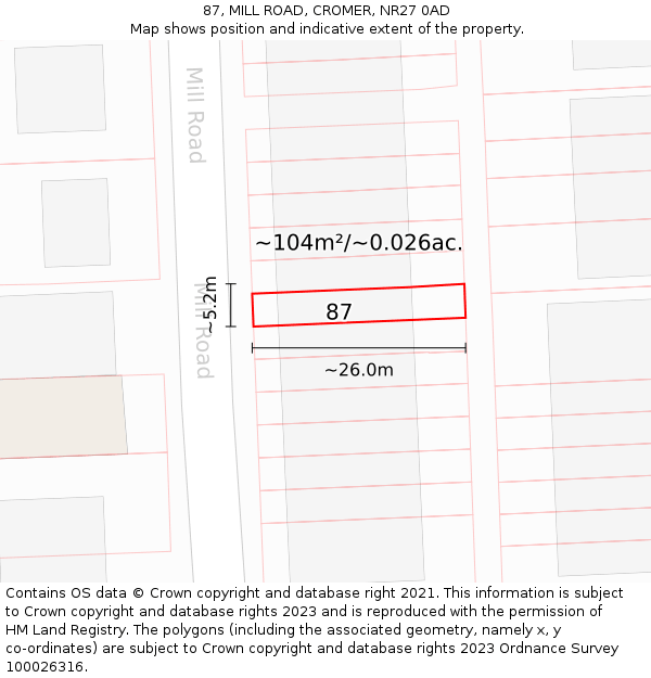 87, MILL ROAD, CROMER, NR27 0AD: Plot and title map