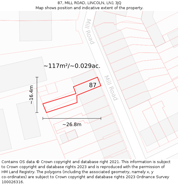 87, MILL ROAD, LINCOLN, LN1 3JQ: Plot and title map