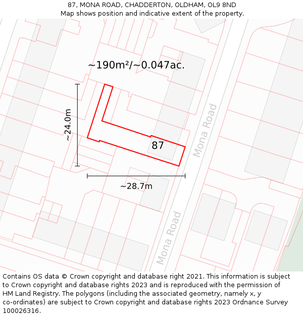 87, MONA ROAD, CHADDERTON, OLDHAM, OL9 8ND: Plot and title map