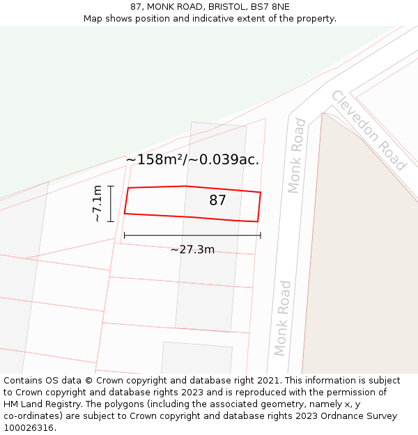 87, MONK ROAD, BRISTOL, BS7 8NE: Plot and title map