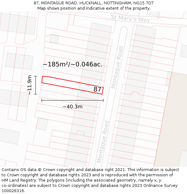 87, MONTAGUE ROAD, HUCKNALL, NOTTINGHAM, NG15 7DT: Plot and title map