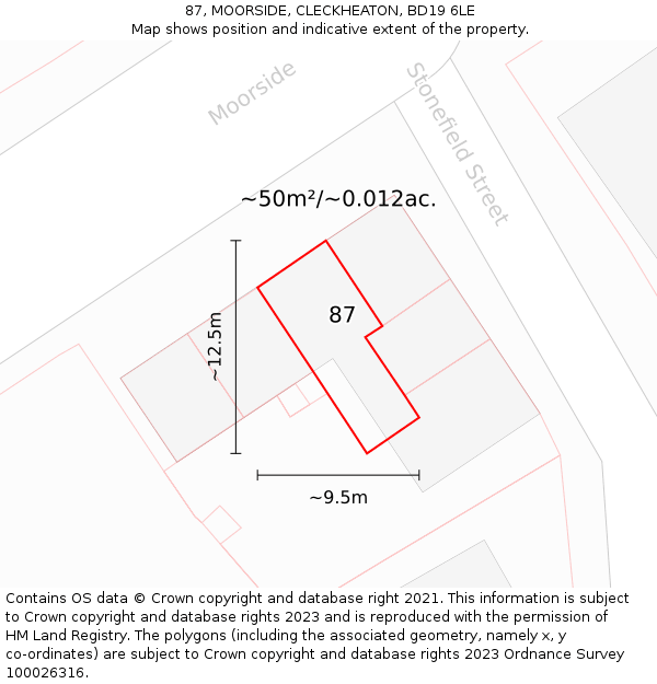 87, MOORSIDE, CLECKHEATON, BD19 6LE: Plot and title map