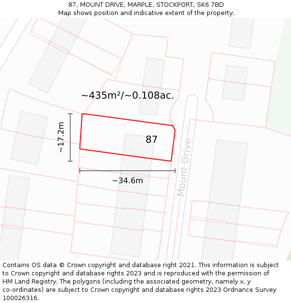 87, MOUNT DRIVE, MARPLE, STOCKPORT, SK6 7BD: Plot and title map