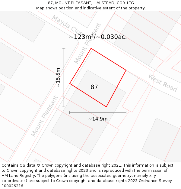 87, MOUNT PLEASANT, HALSTEAD, CO9 1EG: Plot and title map