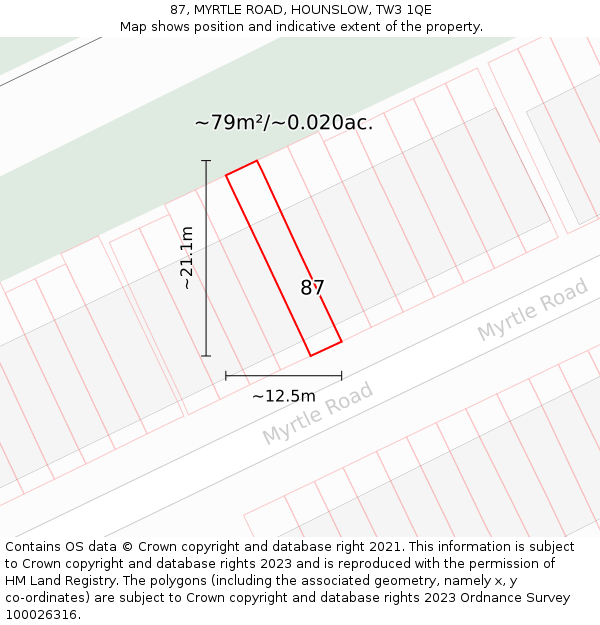87, MYRTLE ROAD, HOUNSLOW, TW3 1QE: Plot and title map