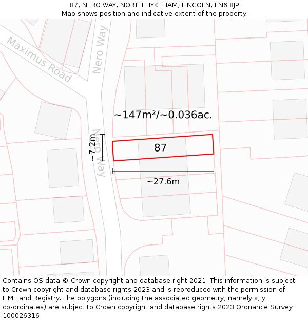 87, NERO WAY, NORTH HYKEHAM, LINCOLN, LN6 8JP: Plot and title map