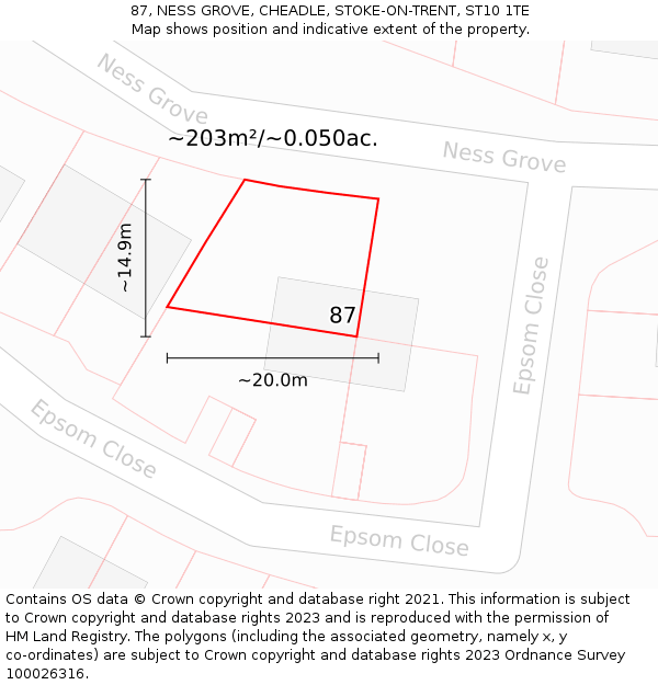 87, NESS GROVE, CHEADLE, STOKE-ON-TRENT, ST10 1TE: Plot and title map