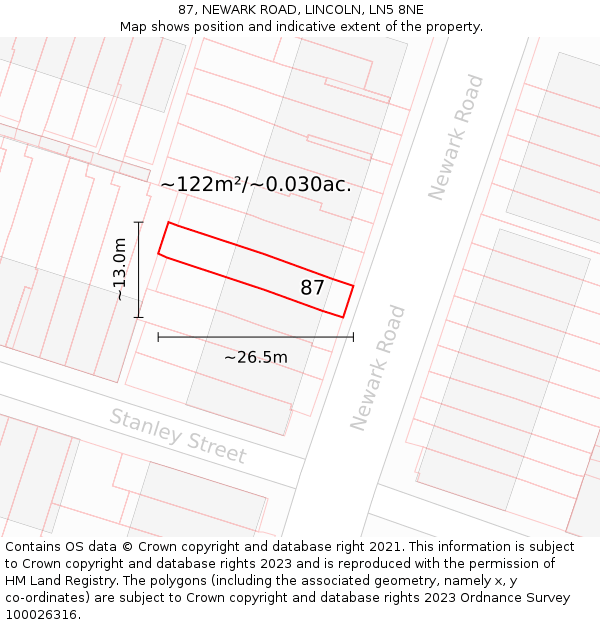 87, NEWARK ROAD, LINCOLN, LN5 8NE: Plot and title map