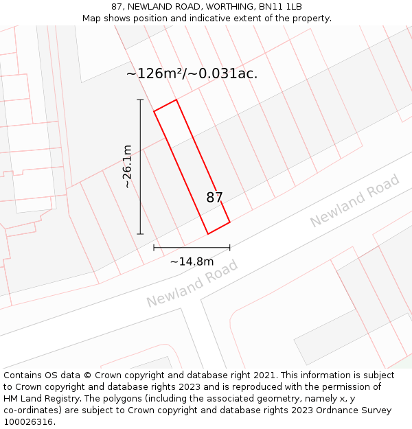 87, NEWLAND ROAD, WORTHING, BN11 1LB: Plot and title map