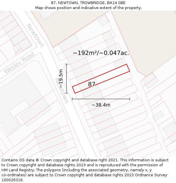 87, NEWTOWN, TROWBRIDGE, BA14 0BE: Plot and title map