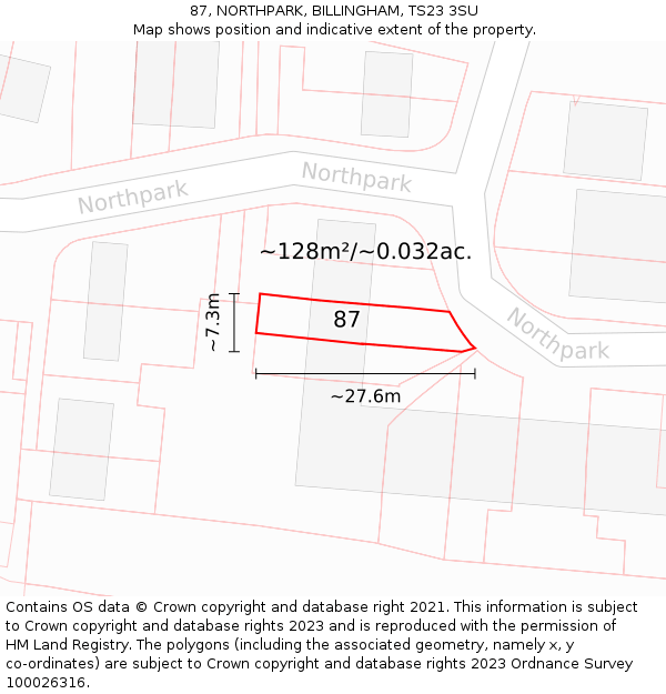 87, NORTHPARK, BILLINGHAM, TS23 3SU: Plot and title map